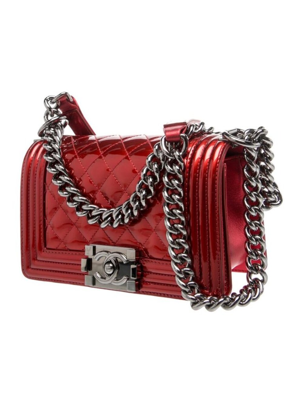 Chanel Small Boy Bag Red Patent Leather Quilted Chain Shoulder Bag